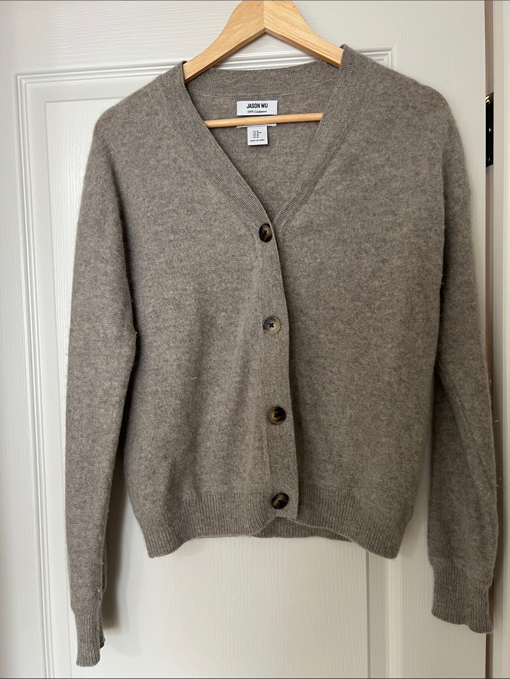 Jason Wu Taupe V-Neck Cashmere Button Cardigan Sweater